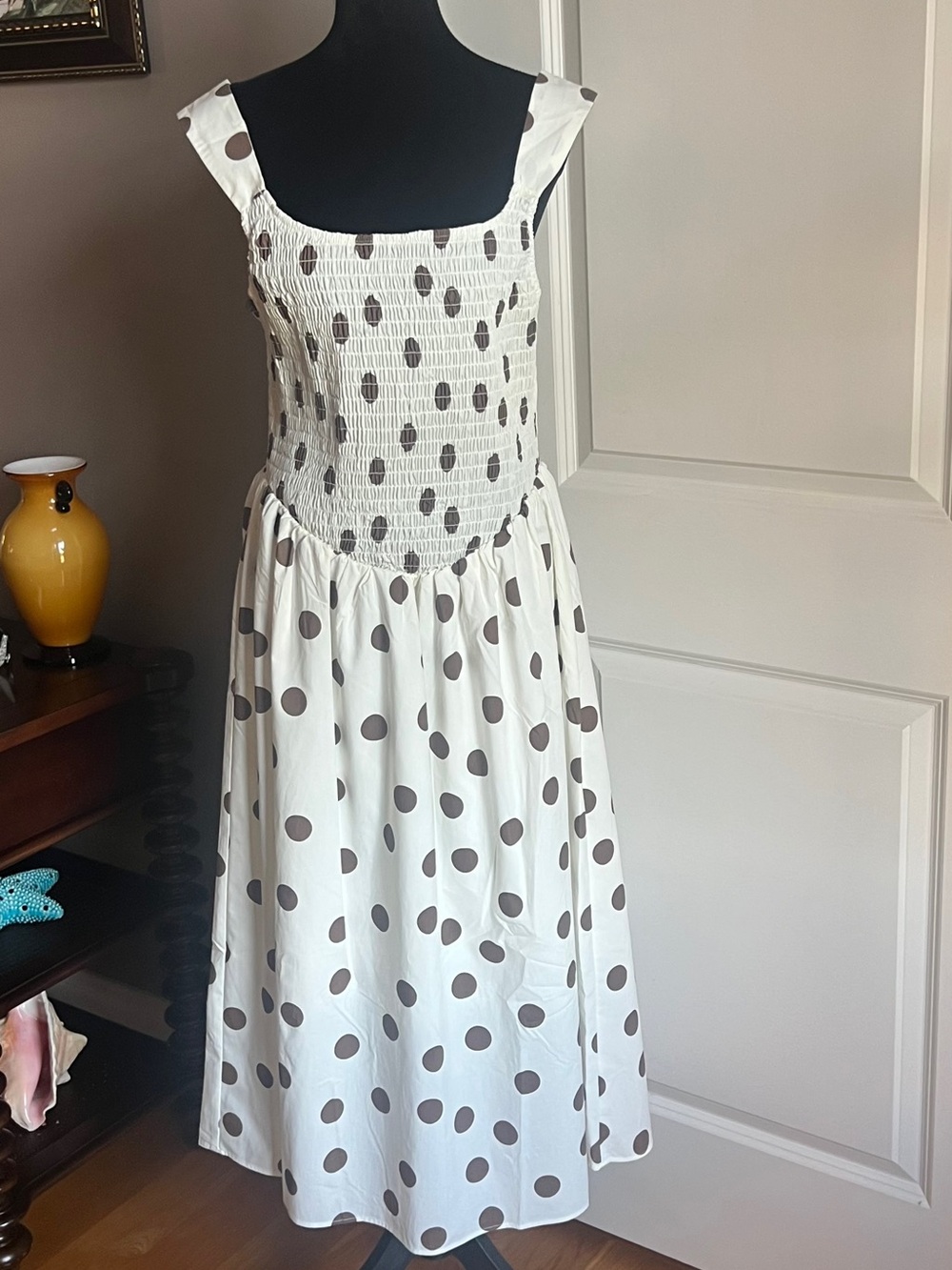 White Polka Dot Smocked Maxi Dress with Wide Straps